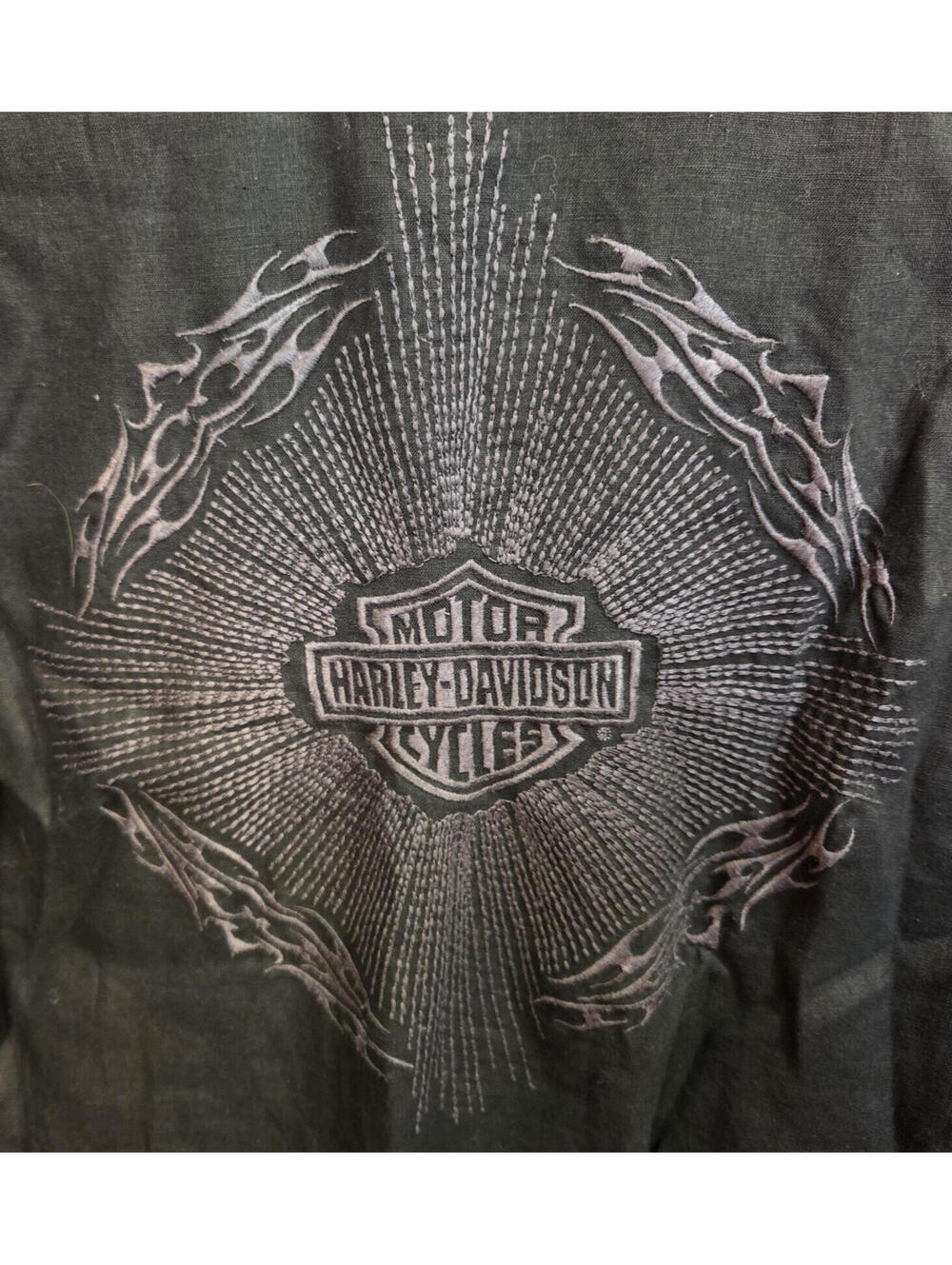 Harley Davidson S/S Button Shirt Size Lrg Tribal Embroidered Charcoal 100% Linen